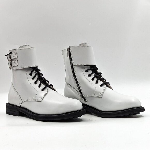 AllSaints Women Brigade Lace-up Zipper Lug Sole White Leather Boots sz 9US EUR39 - Picture 1 of 11